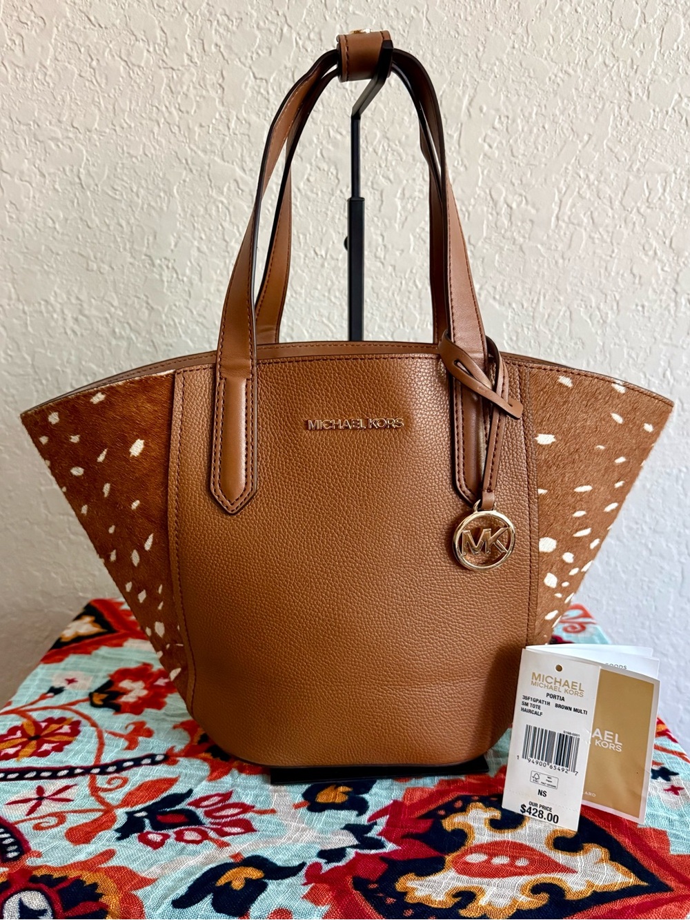 Michael Kors Portia Small Tote Brown Leather Spotted Haircalf Bag $428
